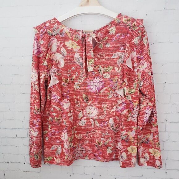 LC Lauren Conrad Floral Knit Top M Burnt Orange Red Ruffle Accent Long Sleeve - Picture 4 of 7